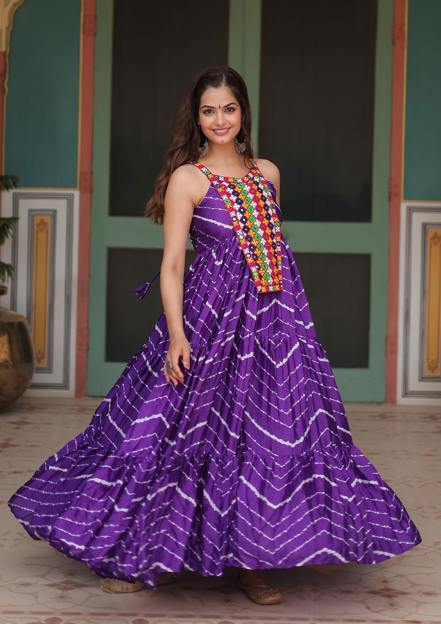 Purple Color Chinnon Lehriya Print Gown For Navratri